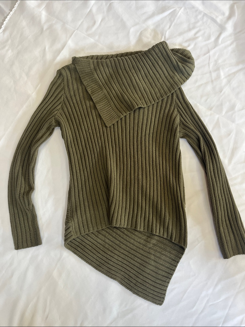 Together Olive Ribbed Asymmetrical Off-Shoulder Sweater